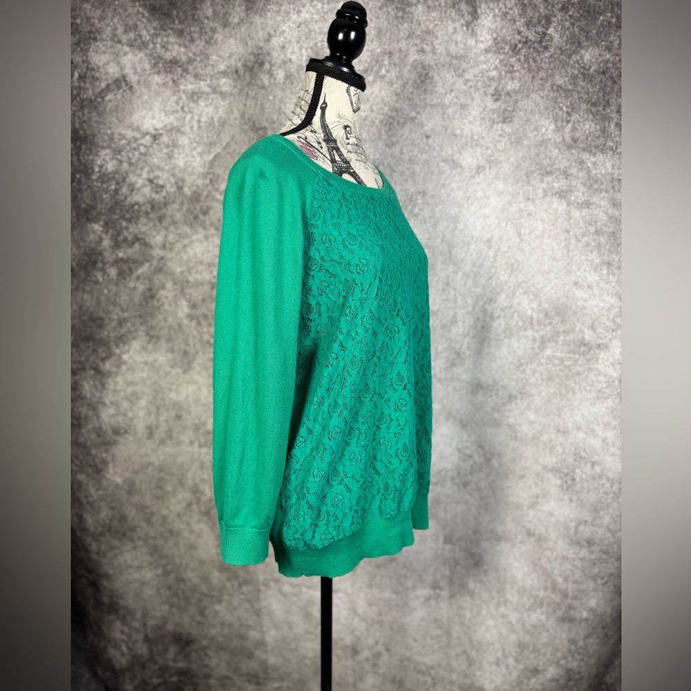 LOFT Vibrant Green Cotton w/Lace Overlay Knit Top Size L - Picture 2 of 9